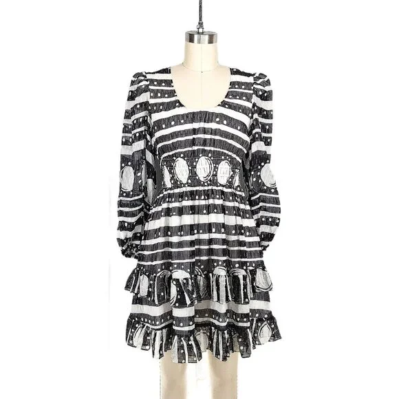 Cynthia Rowley Sicily Silk Wrap Dress Black White Smocked Waist Cap Sleeve Size - Picture 2 of 13